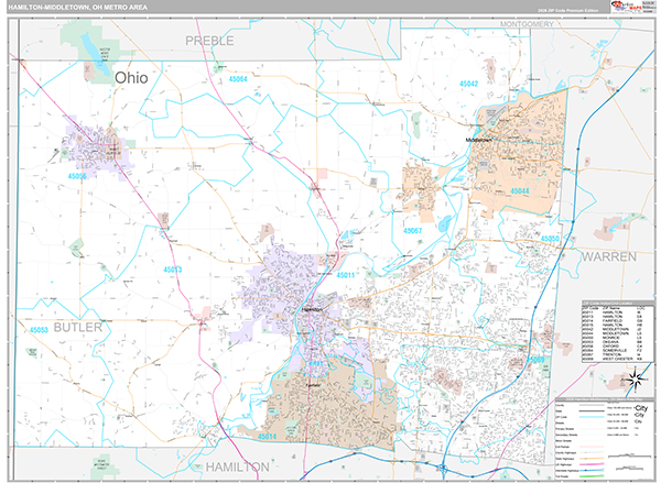 Hamilton-Middletown, OH Metro Area Wall Map